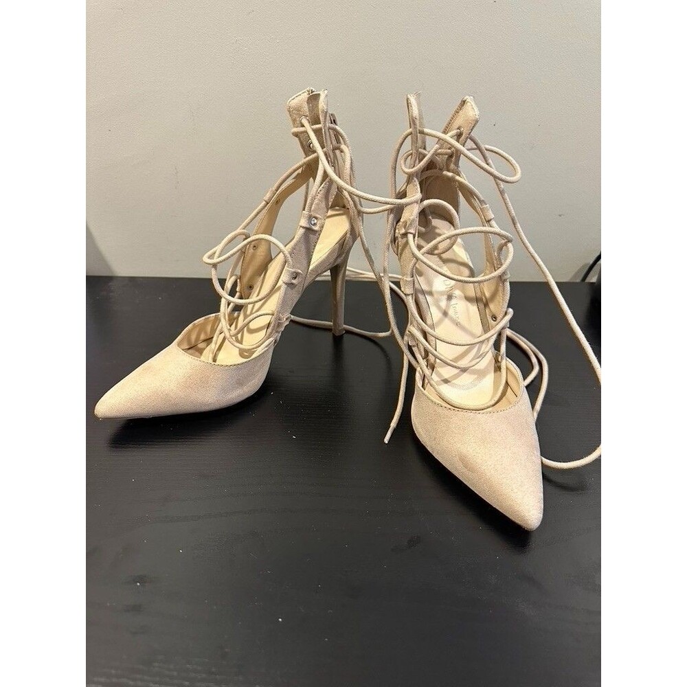 Wild Diva Beige Suede Lace-Up Stiletto Pumps - Size 6